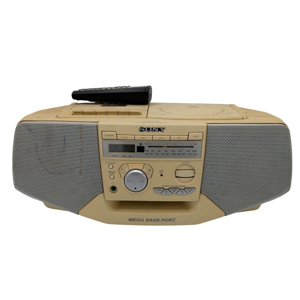 Sony CFD-V35 CD Radio Cassette-Corder Boombox Mega Bass Cream 1998 with Remote